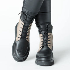 Black-Beige women's platform ankle boots made of genuine leather Ceniva