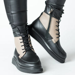 Black-Beige women's platform ankle boots made of genuine leather Ceniva