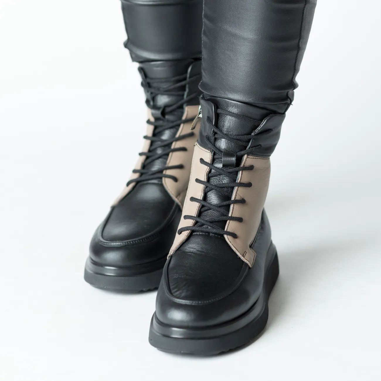 Black-Beige women's platform ankle boots made of genuine leather Ceniva
