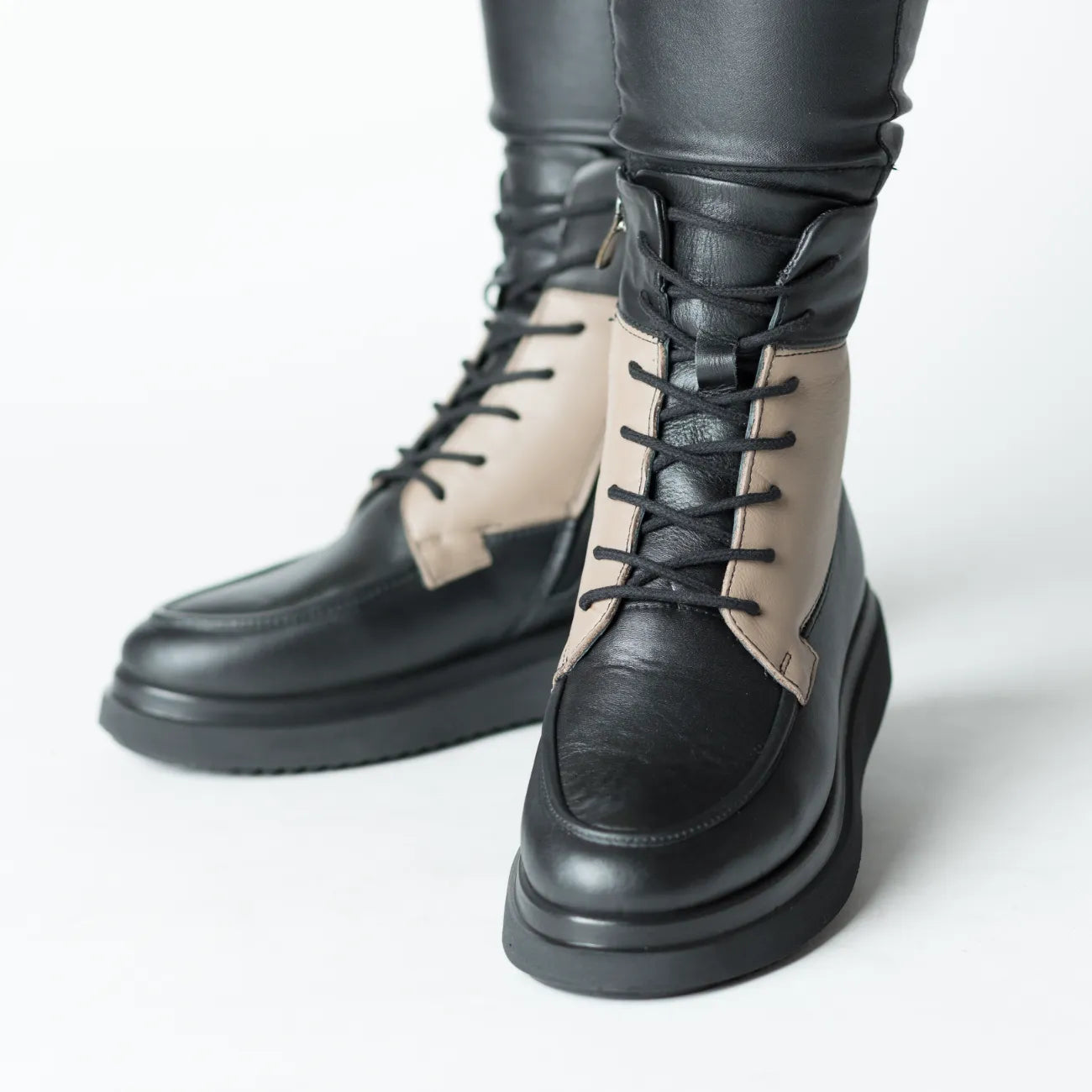 Black-Beige women's platform ankle boots made of genuine leather Ceniva