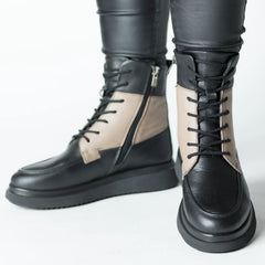 Black-Beige women's platform ankle boots made of genuine leather Ceniva