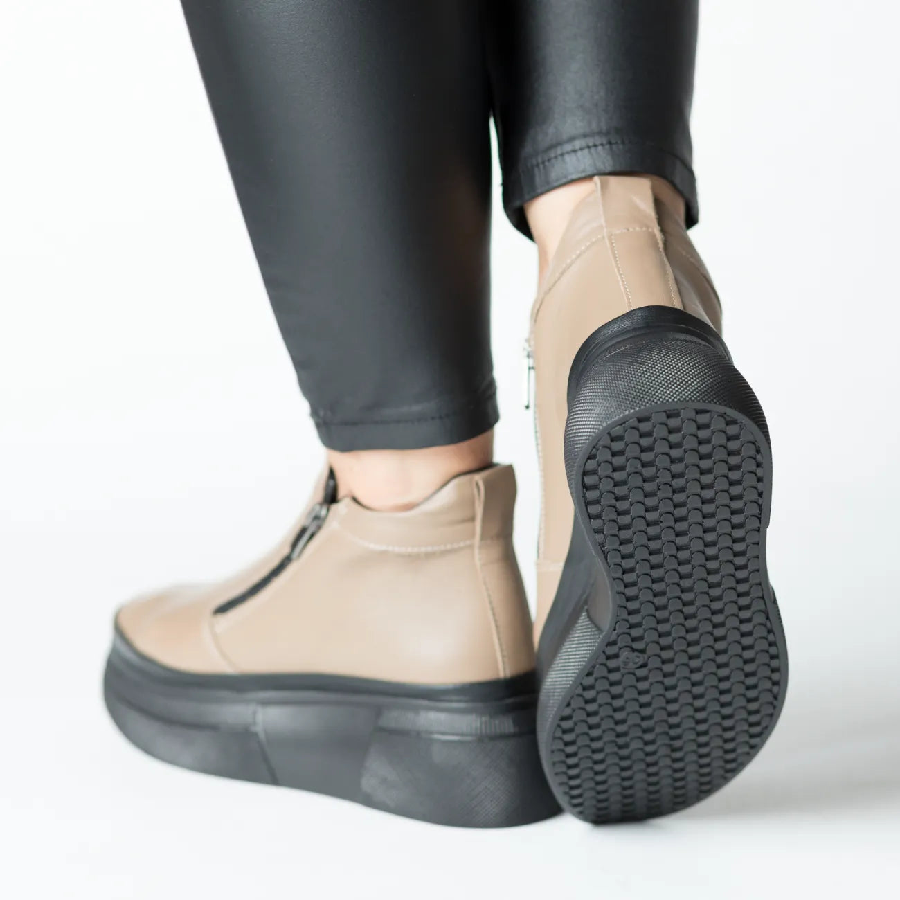 Botine de iarna eleganta, Ghete cu fermoar la glezna de dama din piele naturala Bej Vision Sky