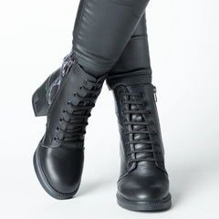 Botine cu toc Negru de dama din piele naturala imprimat Combat