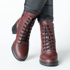 Women's burgundy heeled ankle boots made of printed natural leather Combat