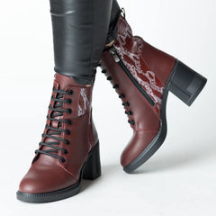 Women's burgundy heeled ankle boots made of printed natural leather Combat