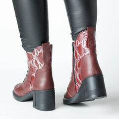Women's burgundy heeled ankle boots made of printed natural leather Combat