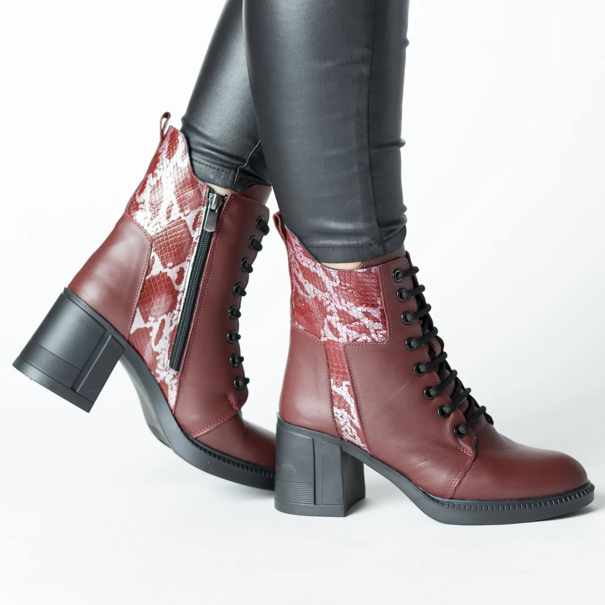 Women's burgundy heeled ankle boots made of printed natural leather Combat