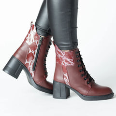 Women's burgundy heeled ankle boots made of printed natural leather Combat