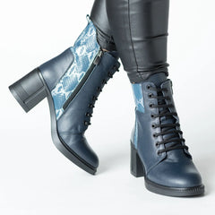 Navy blue women's heeled ankle boots made of printed natural leather Combat