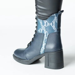 Navy blue women's heeled ankle boots made of printed natural leather Combat