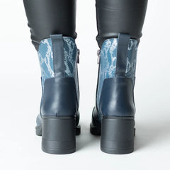 Navy blue women's heeled ankle boots made of printed natural leather Combat