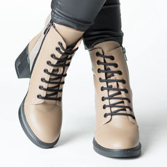 Women's beige heeled ankle boots made of printed natural leather Combat