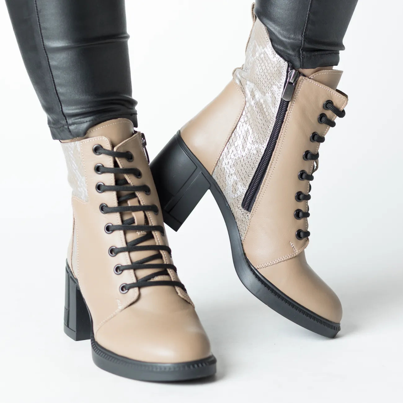 Women's beige heeled ankle boots made of printed natural leather Combat