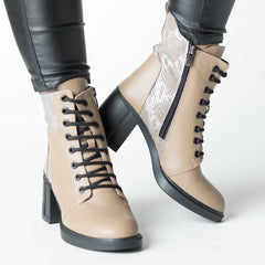 Women's beige heeled ankle boots made of printed natural leather Combat