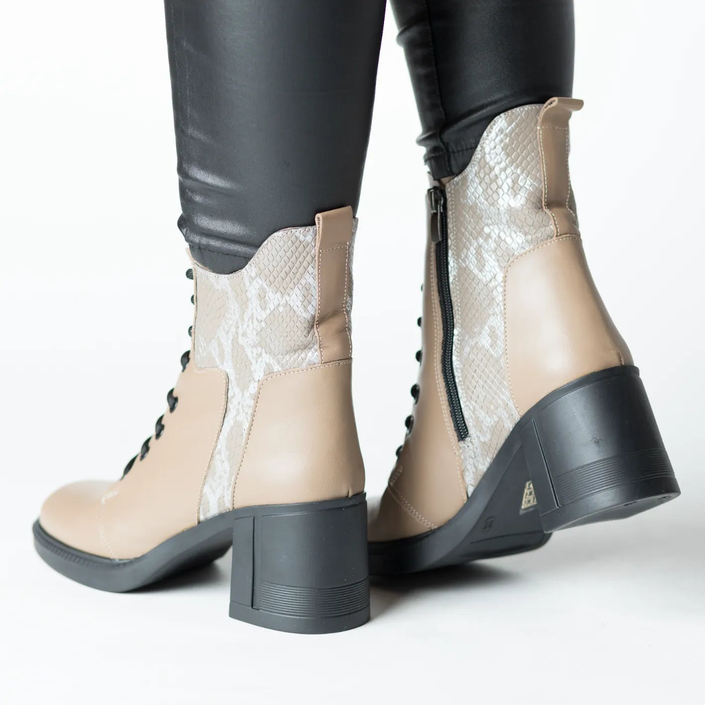 Women's beige heeled ankle boots made of printed natural leather Combat