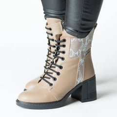 Women's beige heeled ankle boots made of printed natural leather Combat