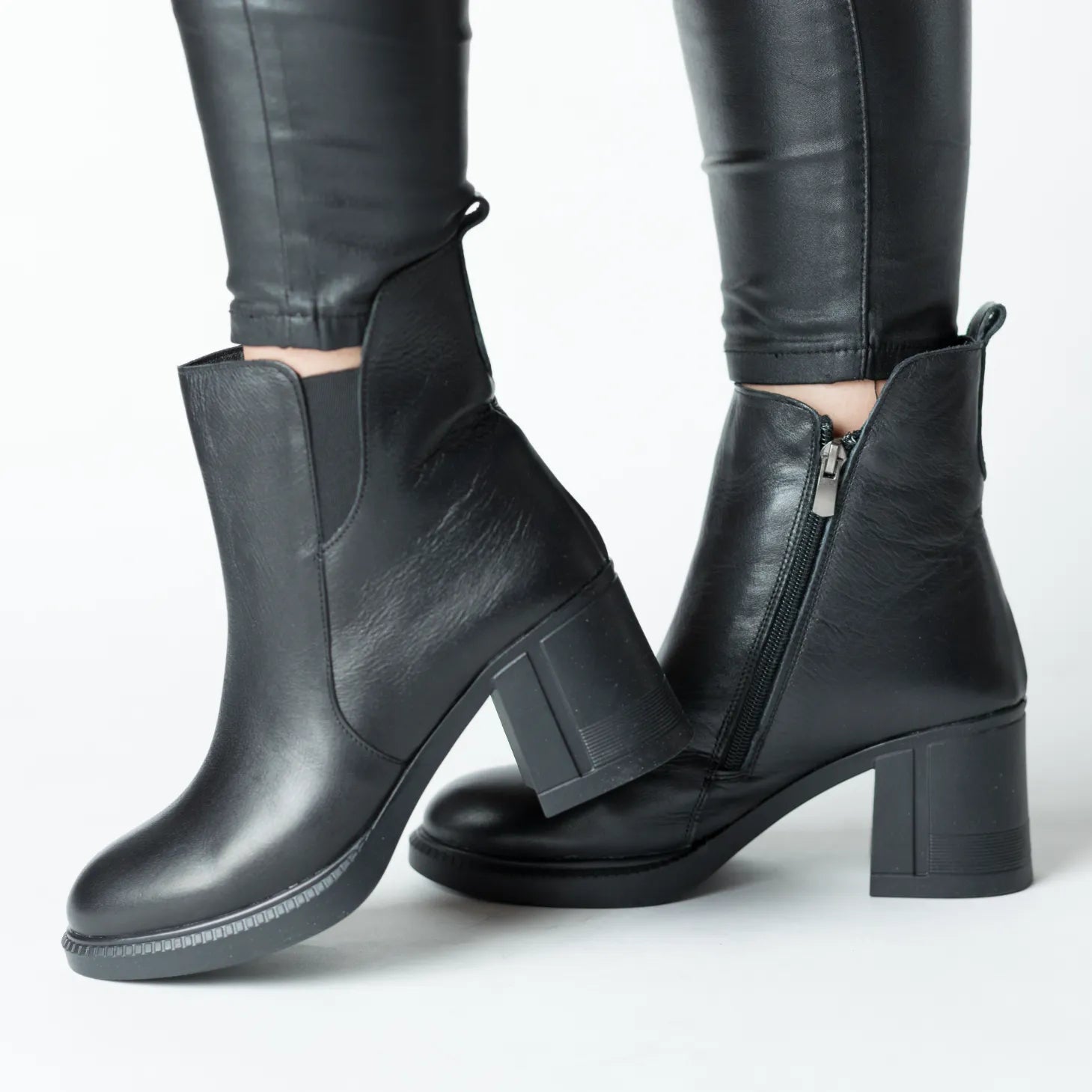 Botine cu toc gros Negru de dama din piele naturala Nelvira