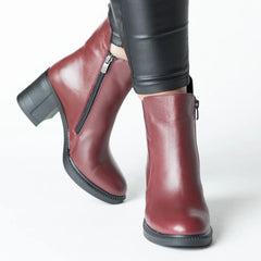 Botine cu toc gros Bordo de dama din piele naturala Nelvira