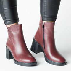 Botine cu toc gros Bordo de dama din piele naturala Nelvira