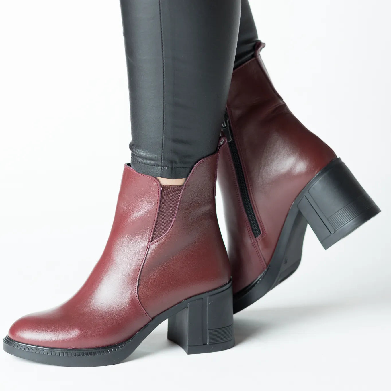 Botine cu toc gros Bordo de dama din piele naturala Nelvira