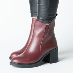 Botine cu toc gros Bordo de dama din piele naturala Nelvira