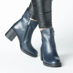 Women's navy blue thick-heeled ankle boots made of natural leather Nelvira