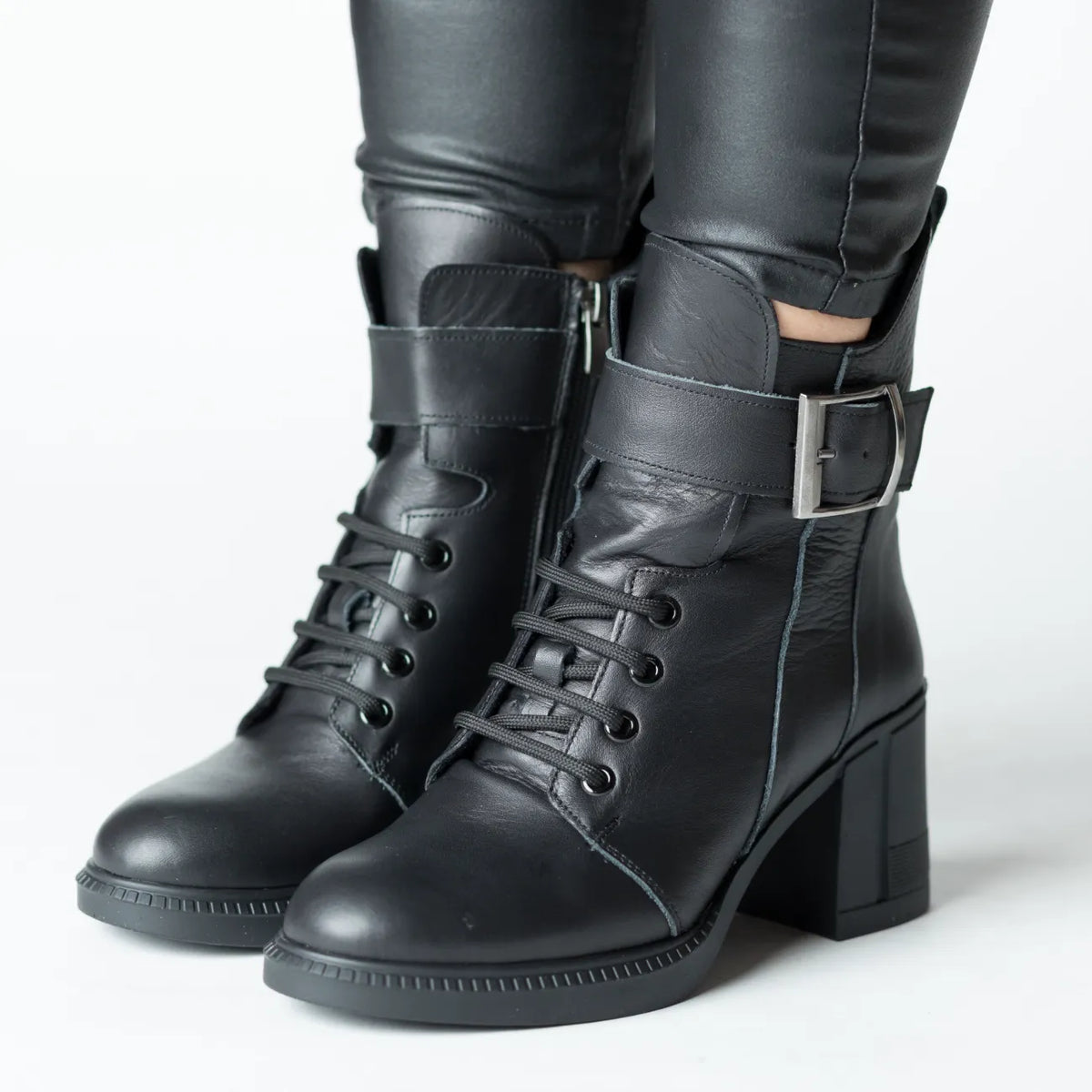 Botine cu toc Negru insertie elastica frontala de dama din piele naturala Dalmatian