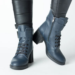Navy blue heeled ankle boots with elastic front insert for women made of genuine leather Dalmatian