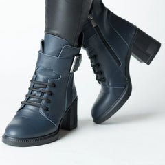 Navy blue heeled ankle boots with elastic front insert for women made of genuine leather Dalmatian