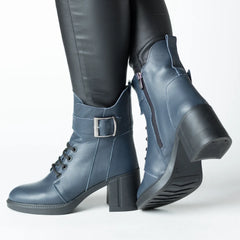 Navy blue heeled ankle boots with elastic front insert for women made of genuine leather Dalmatian