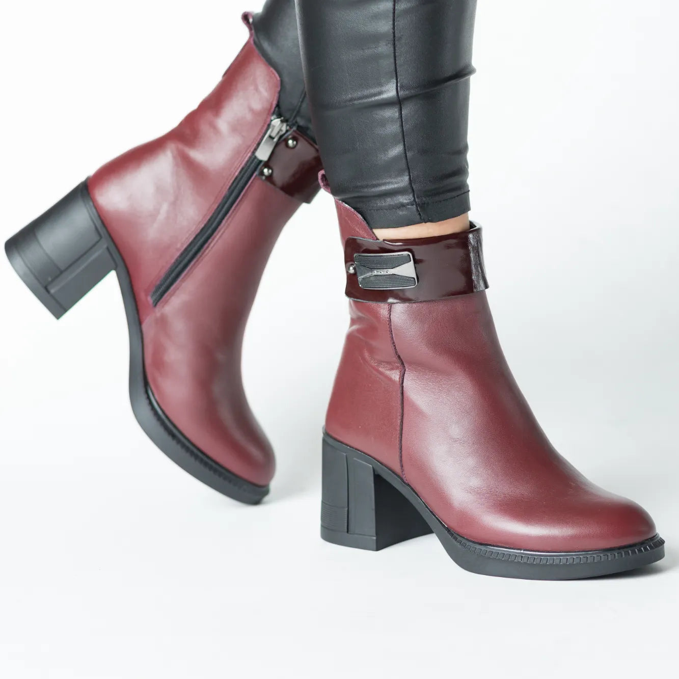 Women's burgundy heeled ankle boots with elastic front insert made of genuine leather Trevalo