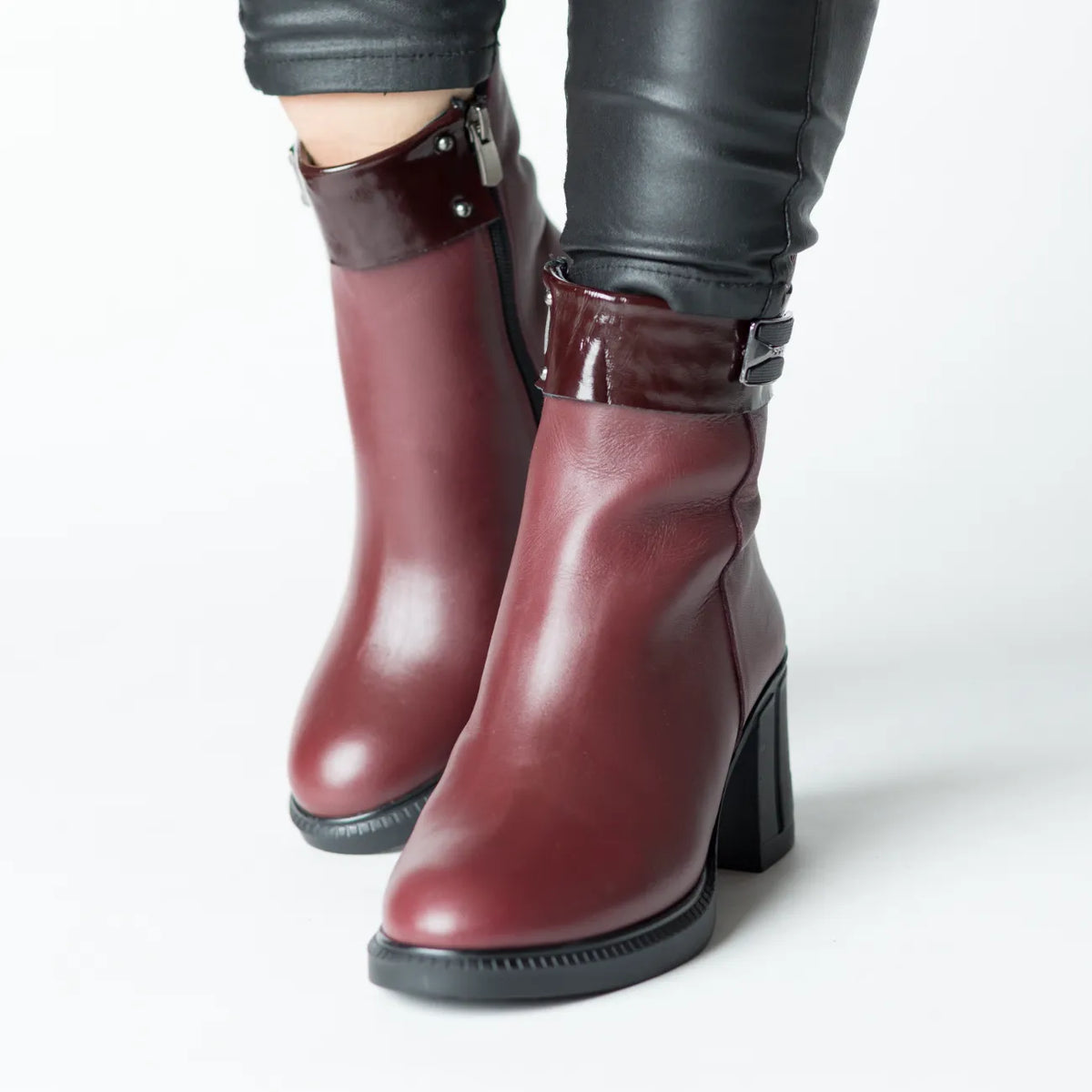 Women's burgundy heeled ankle boots with elastic front insert made of genuine leather Trevalo