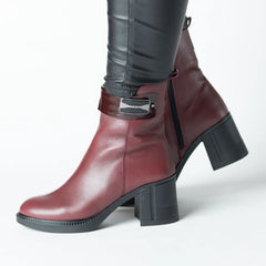 Women's burgundy heeled ankle boots with elastic front insert made of genuine leather Trevalo
