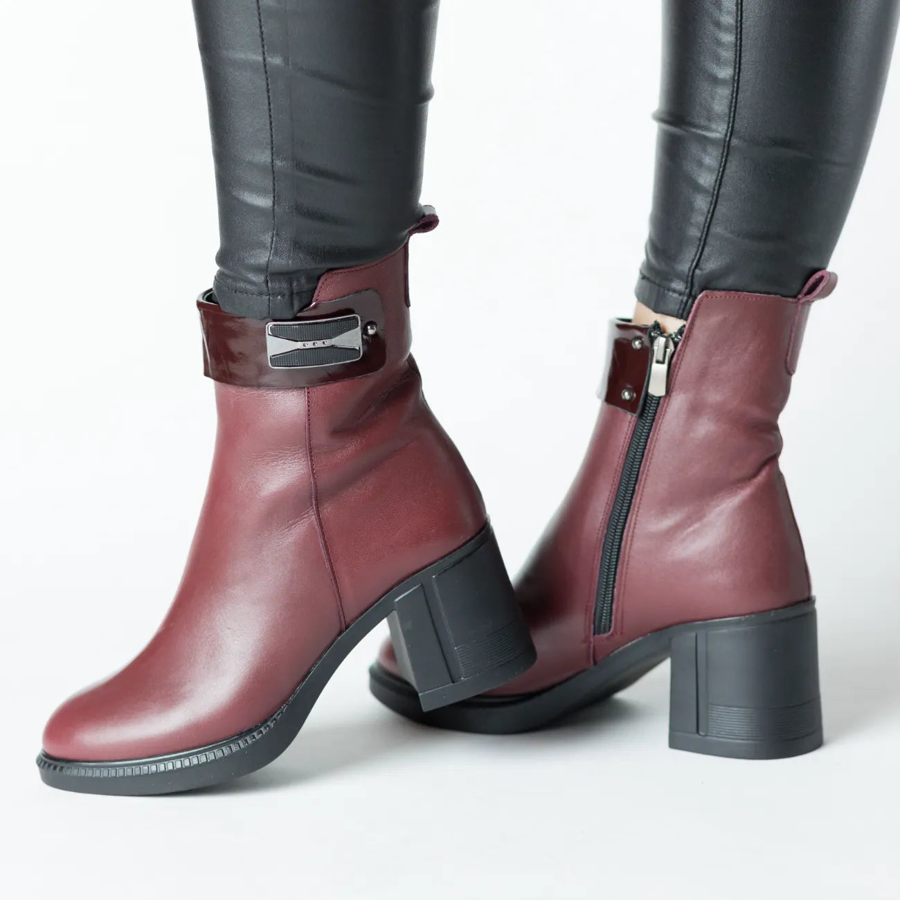 Women's burgundy heeled ankle boots with elastic front insert made of genuine leather Trevalo