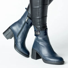 Botine cu toc Bleumarin insertie elastica frontala de dama din piele naturala Trevalo