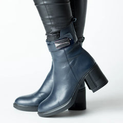 Botine cu toc Bleumarin insertie elastica frontala de dama din piele naturala Trevalo