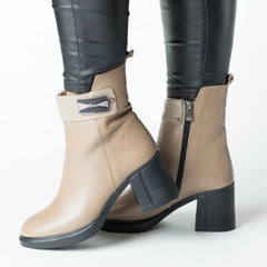 Botine cu toc Bej insertie elastica frontala de dama din piele naturala Trevalo