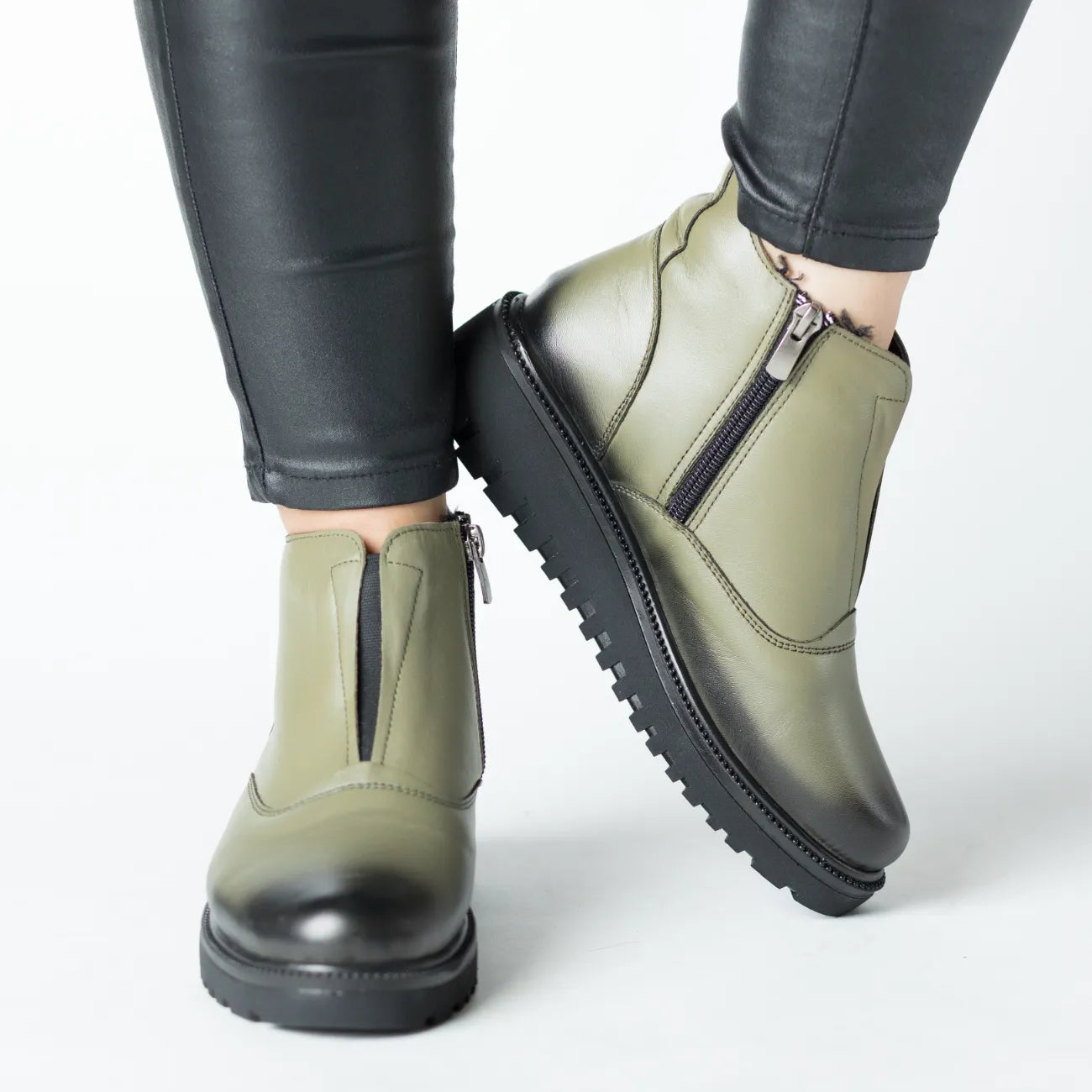 Botine de iarna Verde cu fermoar de dama din piele naturala Fornio