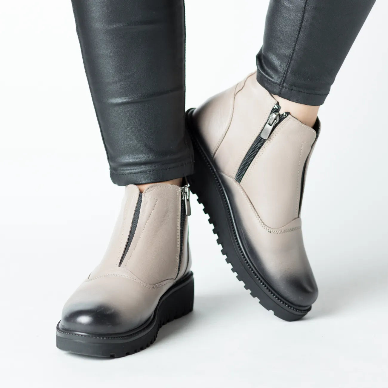 Beige winter ankle boots with zipper for women made of genuine leather Fornio