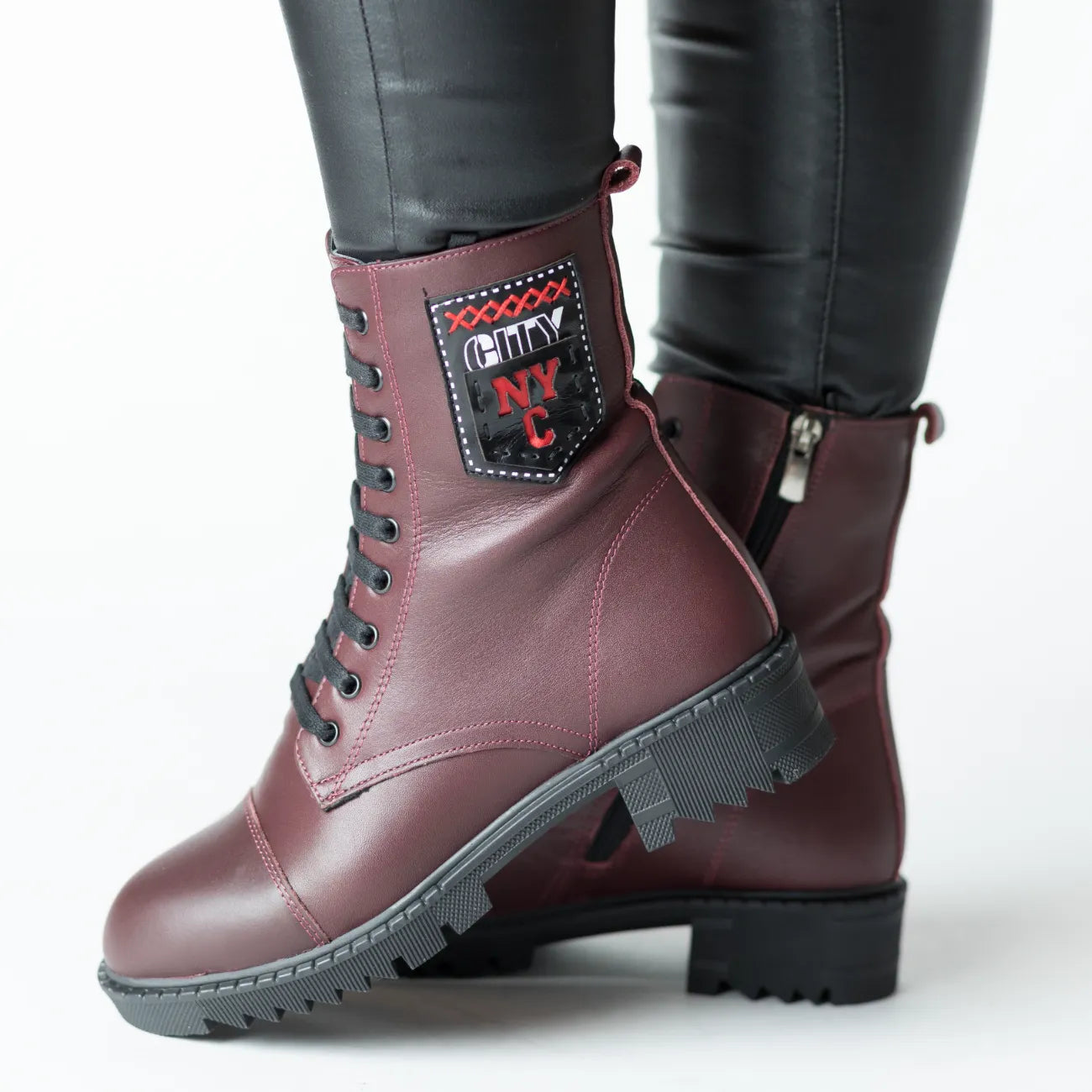 Women's burgundy zippered high boots made of genuine leather Lazzio