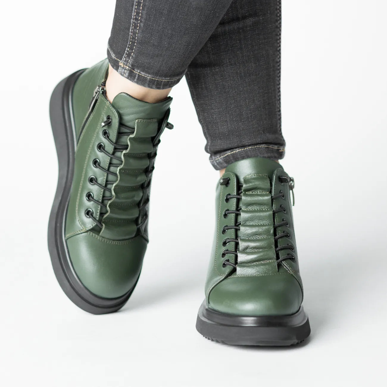 Ghete cu fermoar Verde Kaki la glezna de dama din piele naturala Sibiu