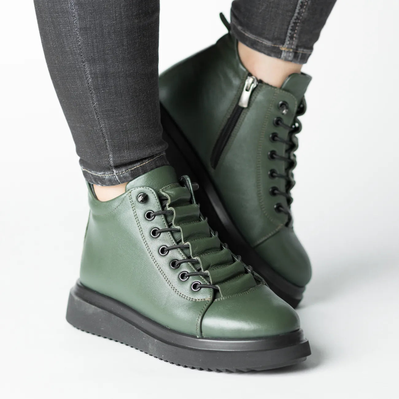 Ghete cu fermoar Verde Kaki la glezna de dama din piele naturala Sibiu