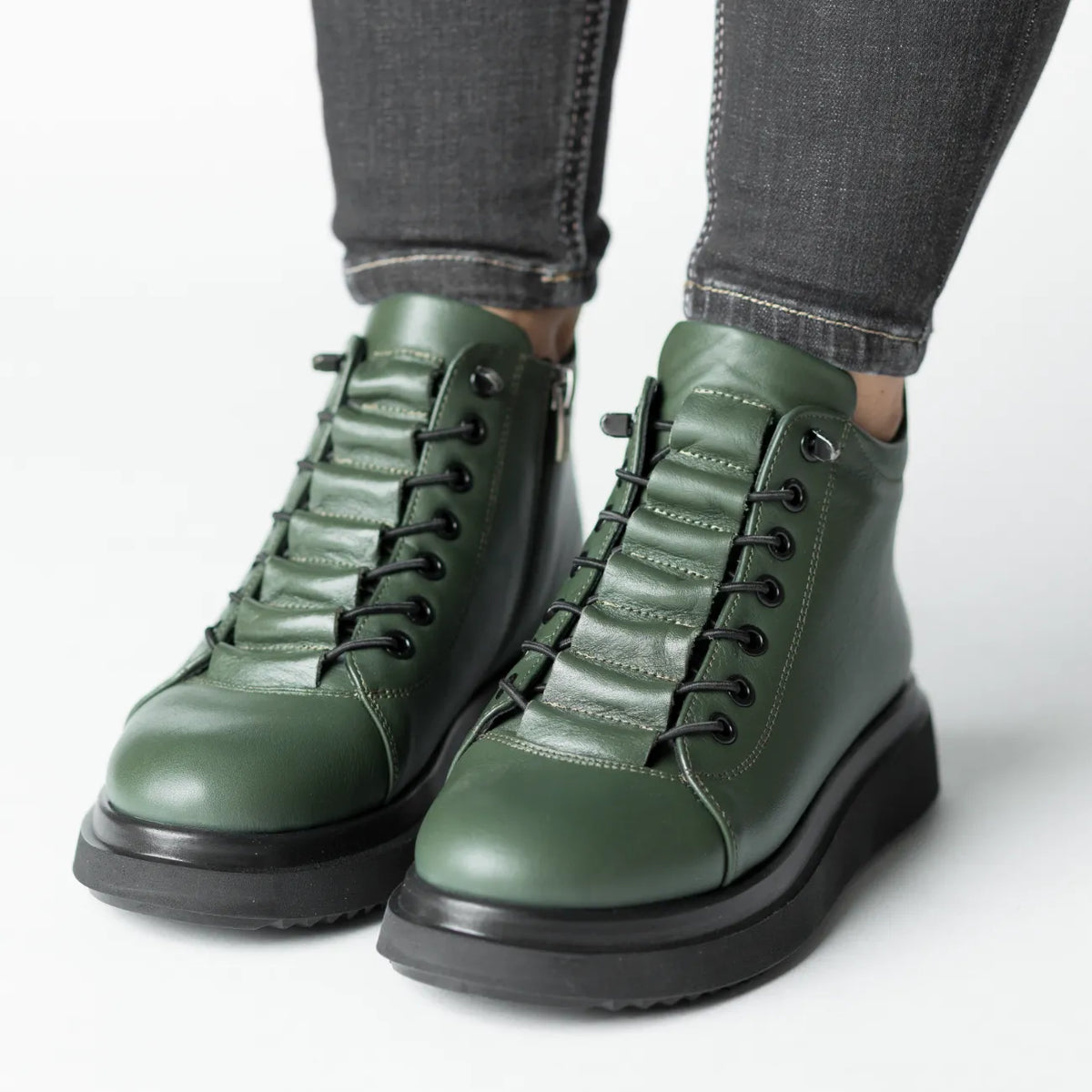 Ghete cu fermoar Verde Kaki la glezna de dama din piele naturala Sibiu