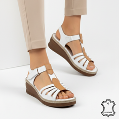 Women's sandals with platform, natural leather Bratislava, White with brown stripe