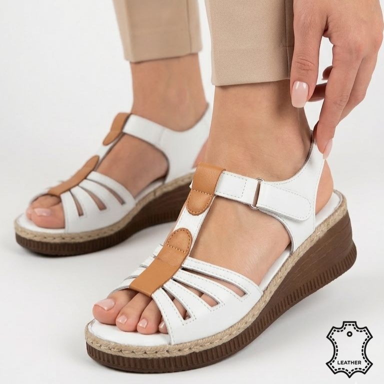 Women's sandals with platform, natural leather Bratislava, White with brown stripe