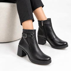 Botine dama Geneva din piele naturala neagra, cu toc gros de 7 cm si bareta laterala cu catarama metalica