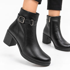 Botine dama Geneva din piele naturala neagra, cu toc gros de 7 cm si bareta laterala cu catarama metalica