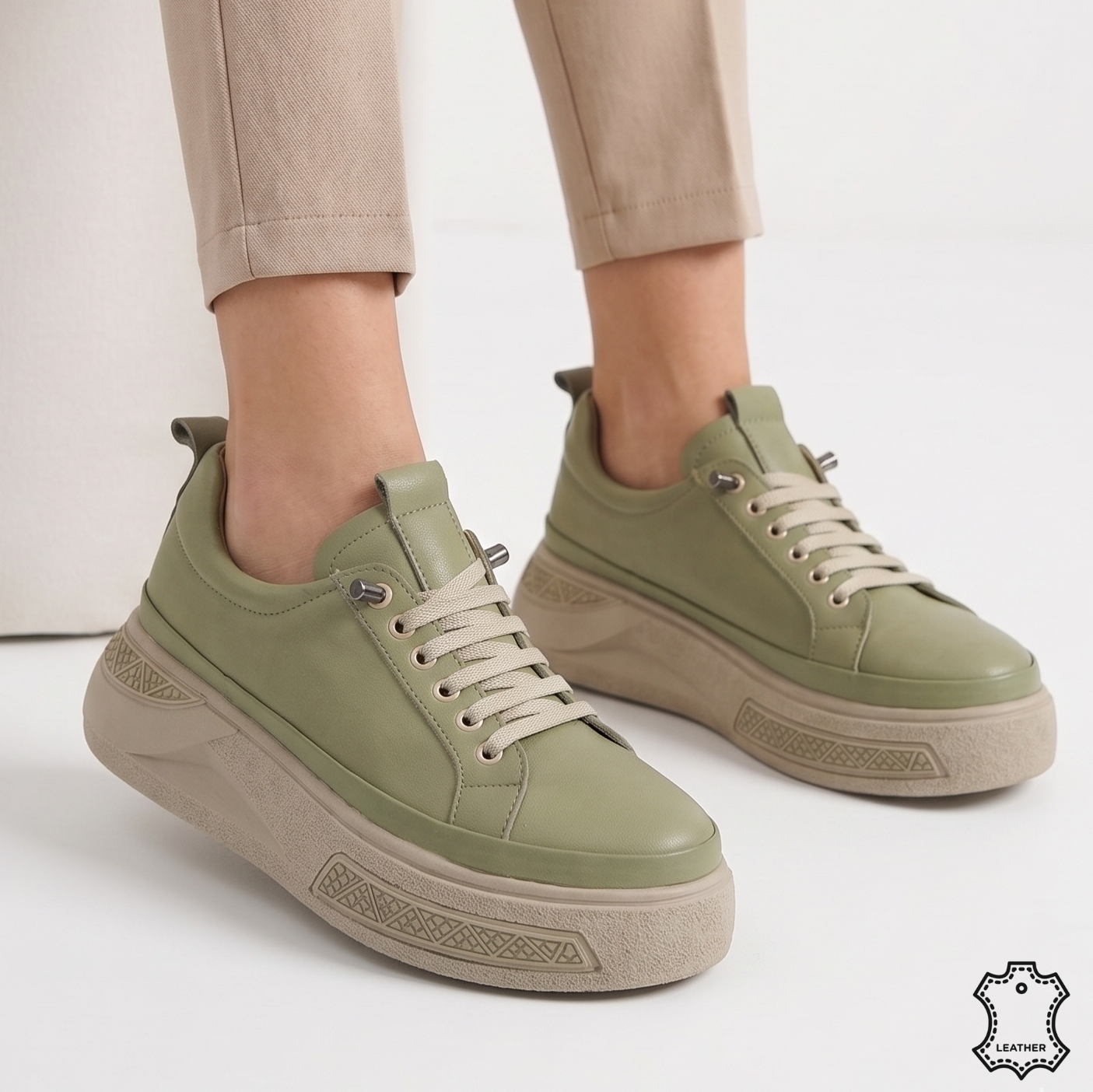 Pantofi casual damă piele naturală verde avocado