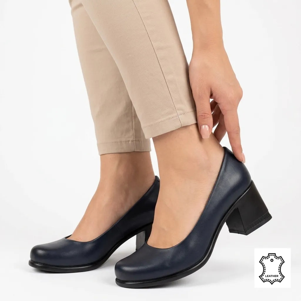 Women's shoes with classic heel, natural leather, Clarion Navy blue