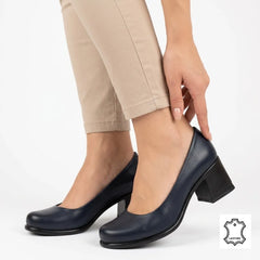 Women's shoes with classic heel, natural leather, Clarion Navy blue